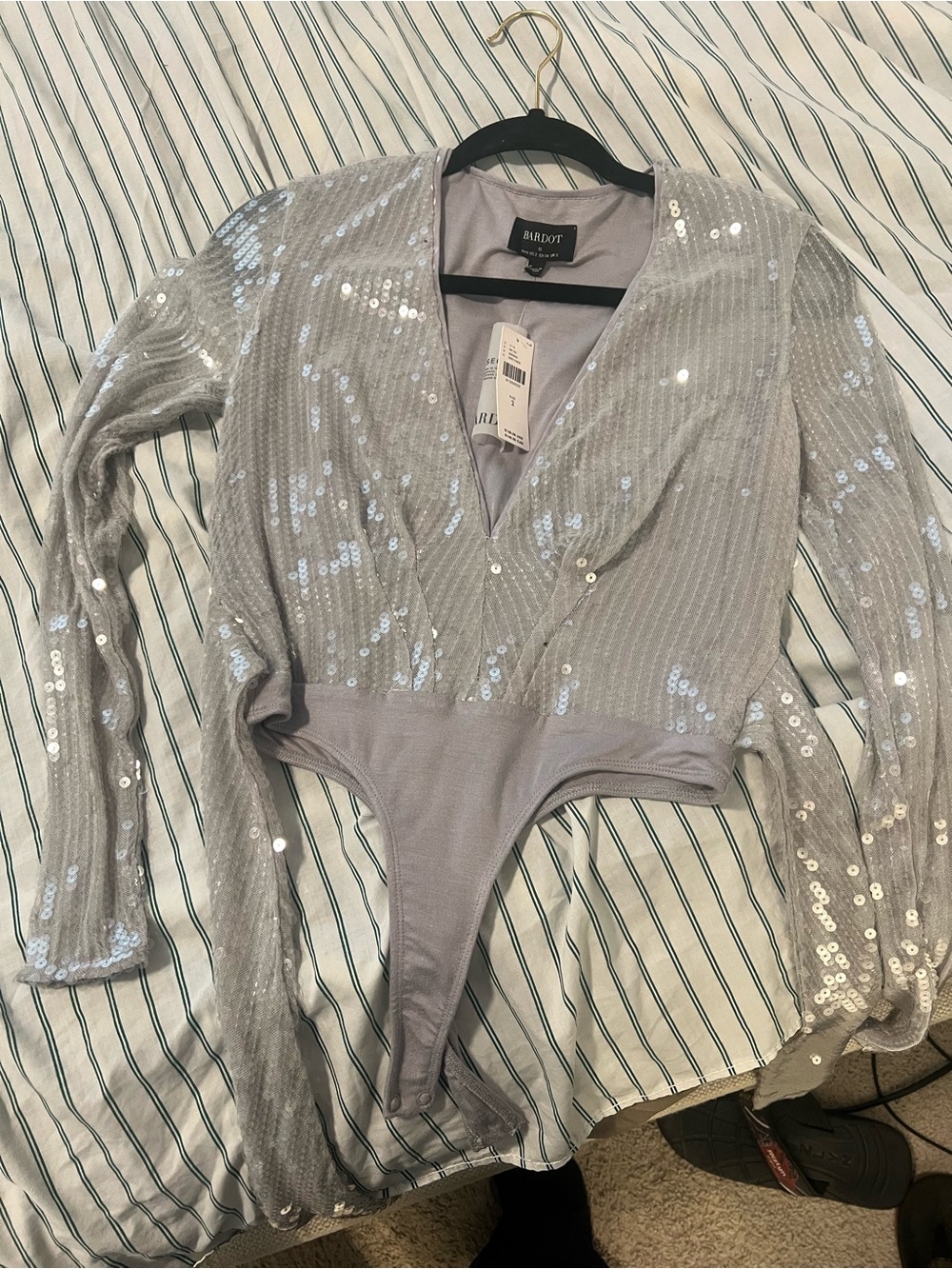 Bardot Silver Sequin Plunge Long-Sleeve Bodysuit